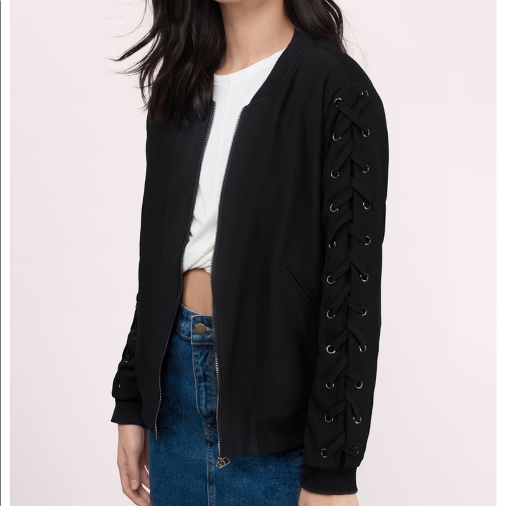 Black Bomber Jacket Lace Up Sleeves sz S/M - Picture 1 of 6